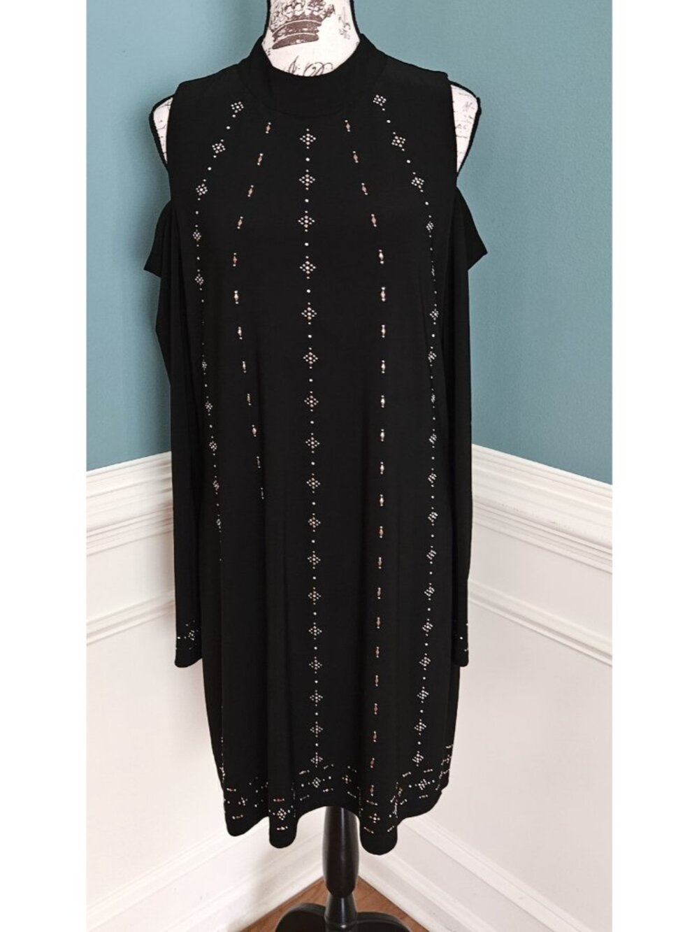 White House Black Market XL Black Studded Cold Shoulder Sheath Dress